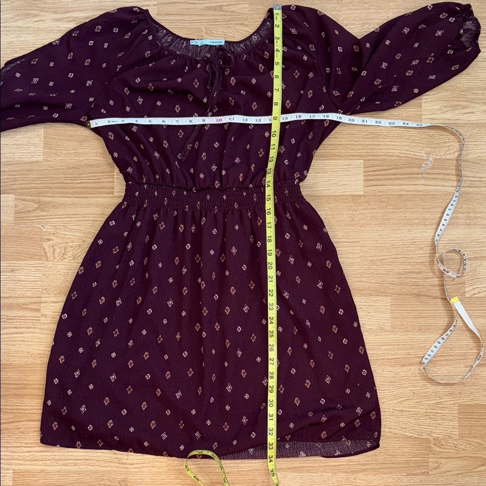Maurices Burgundy Boho Peasant Mini Dress Tie Neck Size M - Picture 3 of 9